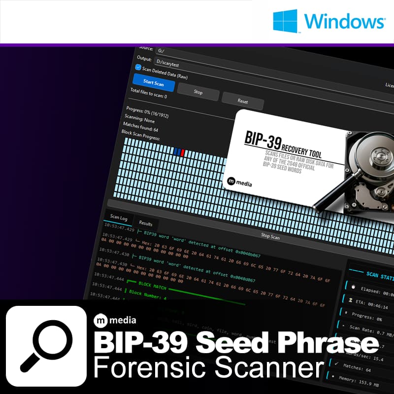 Windows application interface of the BIP-39 Seed Phrase Forensic Scanner performing raw block scanning to detect BIP-39 mnemonic phrases in deleted or forensic disk data.