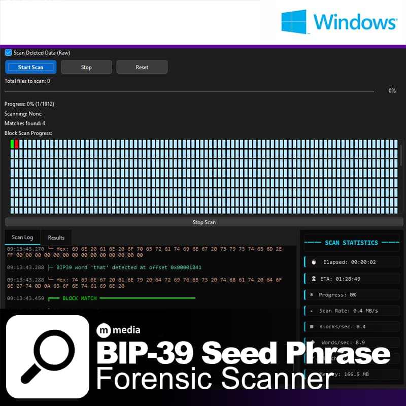 Windows application interface of the BIP-39 Seed Phrase Forensic Scanner performing raw block scanning to detect BIP-39 mnemonic phrases in deleted or forensic disk data.