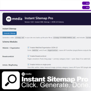 M Media Instant Sitemap Pro WordPress plugin dashboard showing instant sitemap generation and JSON-LD schema modules
