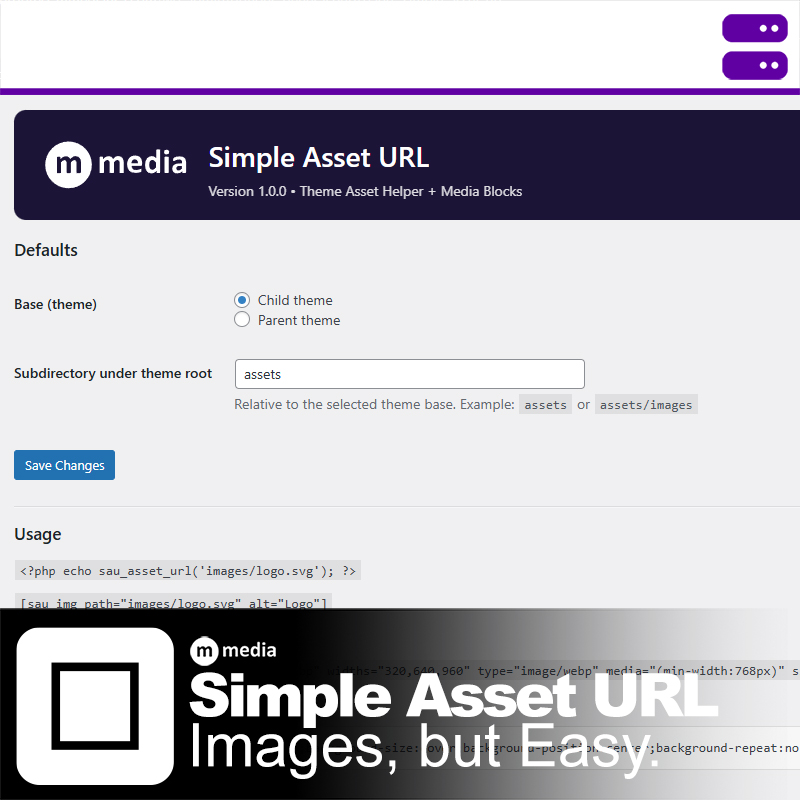 M Media Simple Asset URL WordPress plugin settings showing asset path configuration and usage examples