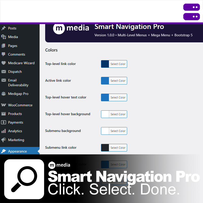 M Media Smart Navigation Pro WordPress plugin settings showing color controls and menu behavior options