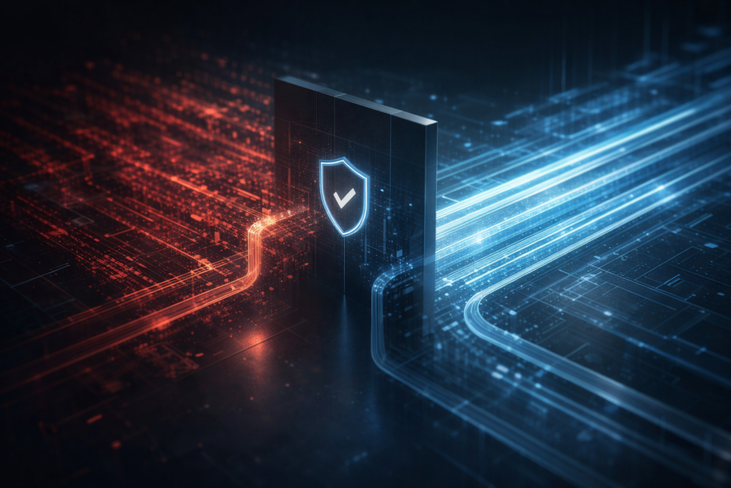 Abstract representation of an AI request gateway showing controlled data flow between multiple language model providers