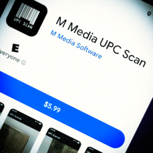M Media UPC Scanner app listing on Google Play showing $5.99 one-time purchase price