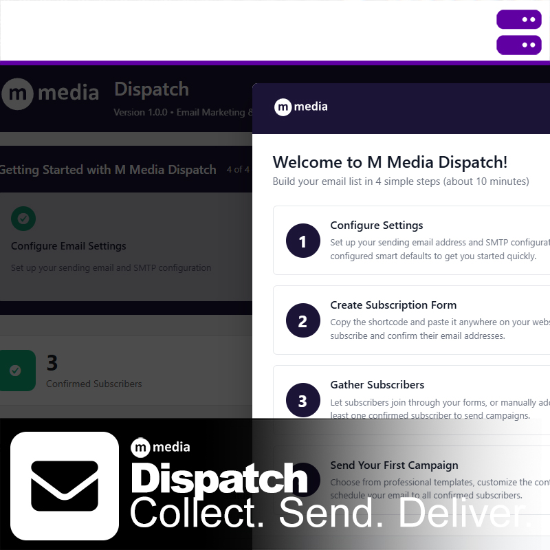 Email inbox interface with Dispatch branding and the phrase “Collect. Send. Deliver.”