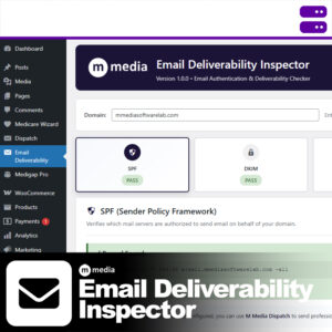 M Media Email Deliverability Inspector WordPress plugin dashboard showing SPF, DKIM, and DMARC status checks