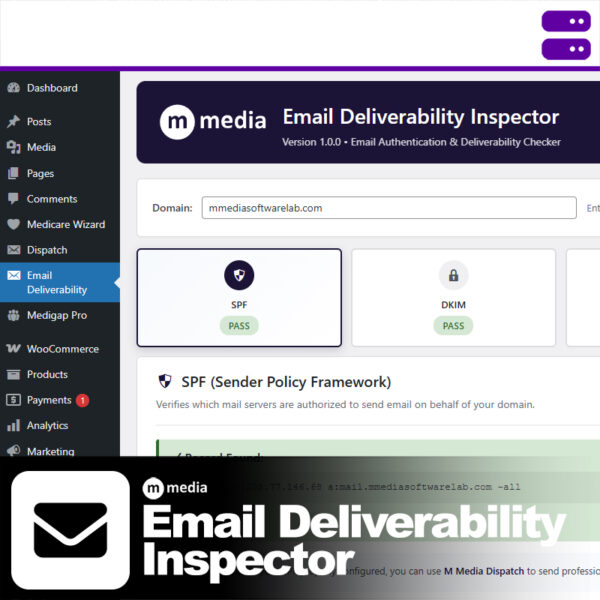M Media Email Deliverability Inspector WordPress plugin dashboard showing SPF, DKIM, and DMARC status checks