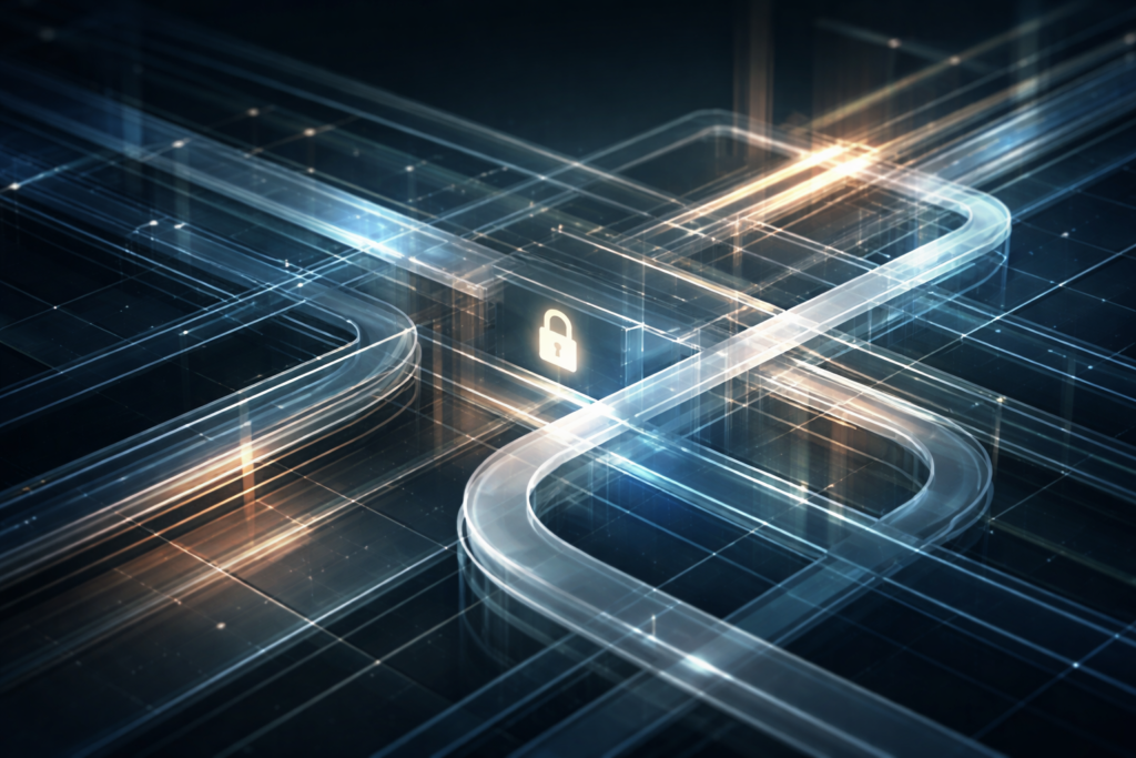 OAuth authentication flows represented as layered data pipelines in an abstract infrastructure scene