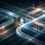 OAuth authentication flows represented as layered data pipelines in an abstract infrastructure scene