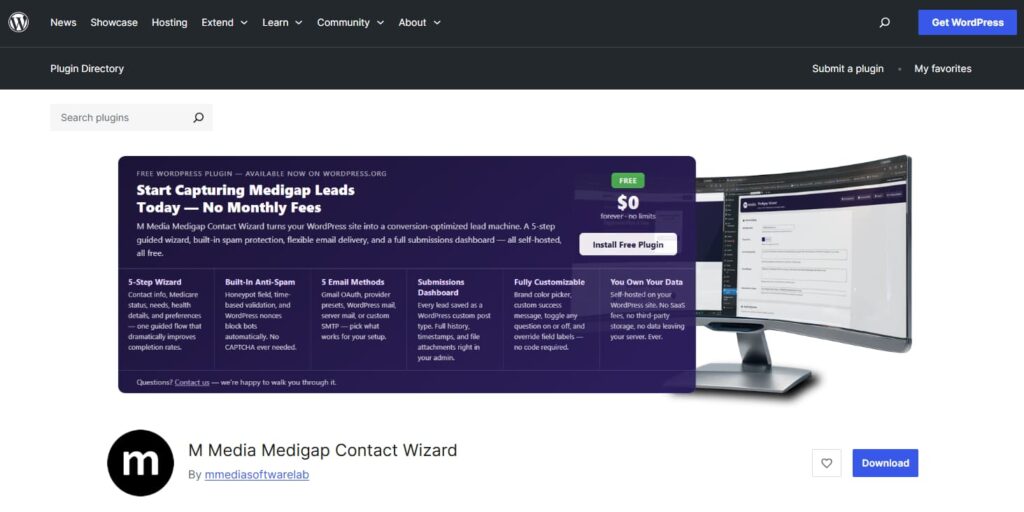 WordPress plugin directory listing showing M Media Medigap Contact Wizard with banner highlighting lead capture features and free download