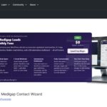 WordPress plugin directory listing showing M Media Medigap Contact Wizard with banner highlighting lead capture features and free download