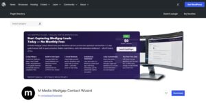 WordPress plugin directory listing showing M Media Medigap Contact Wizard with banner highlighting lead capture features and free download