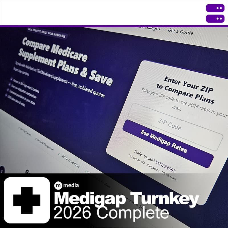 Medigap Turnkey 2026 website showing Medicare supplement comparison and ZIP code lead capture form