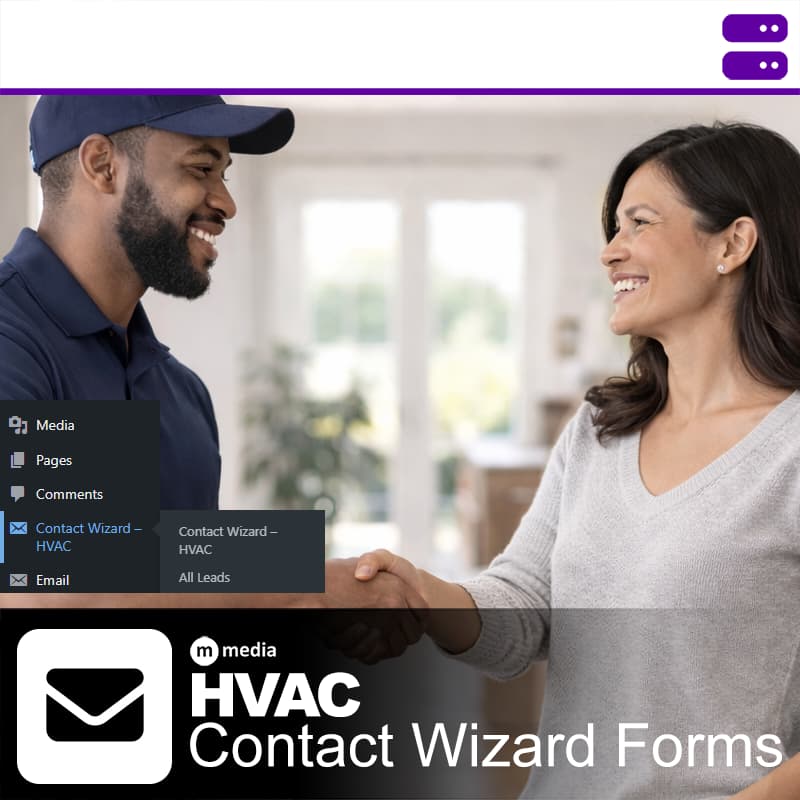 HVAC technician greeting homeowner who submitted a heating and air conditioning service request using M Media Contact Wizard