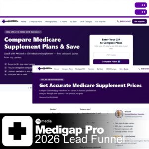 Medigap Pro WordPress plugin interface showing Medicare Supplement comparison funnel and ZIP code lead capture form