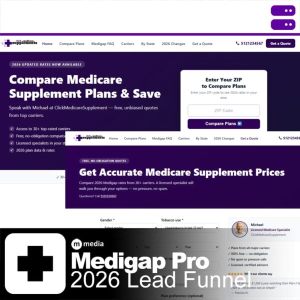 Medigap Pro WordPress plugin interface showing Medicare Supplement comparison funnel and ZIP code lead capture form