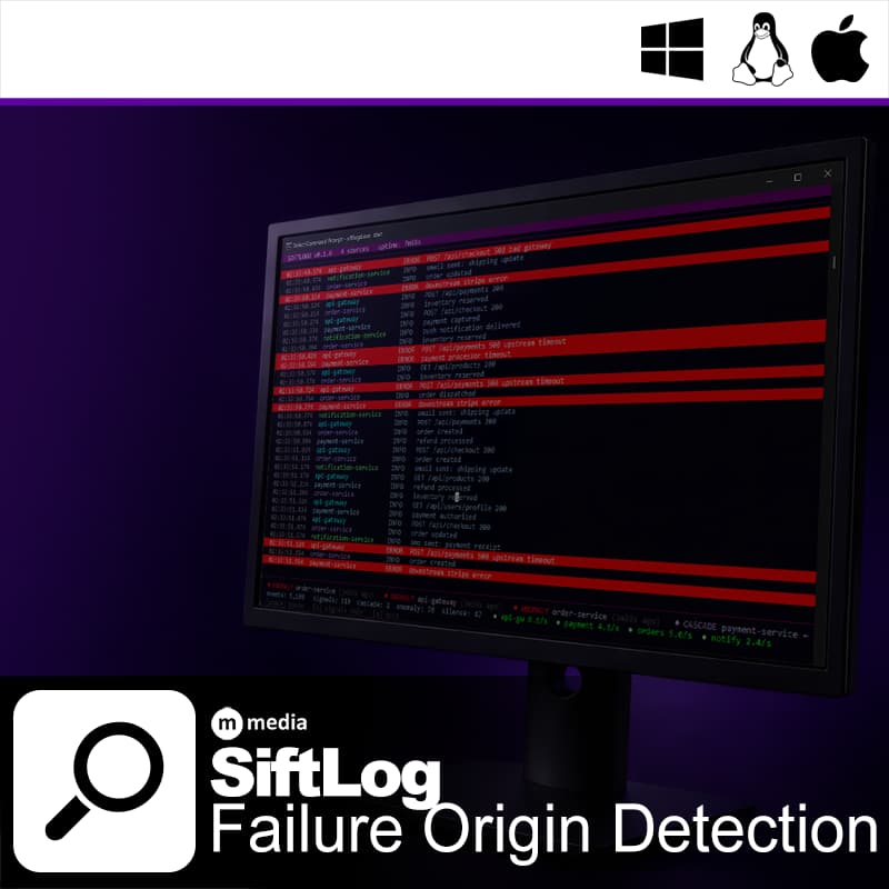 SiftLog Platform terminal interface showing correlated logs and failure origin detection across microservices in real time