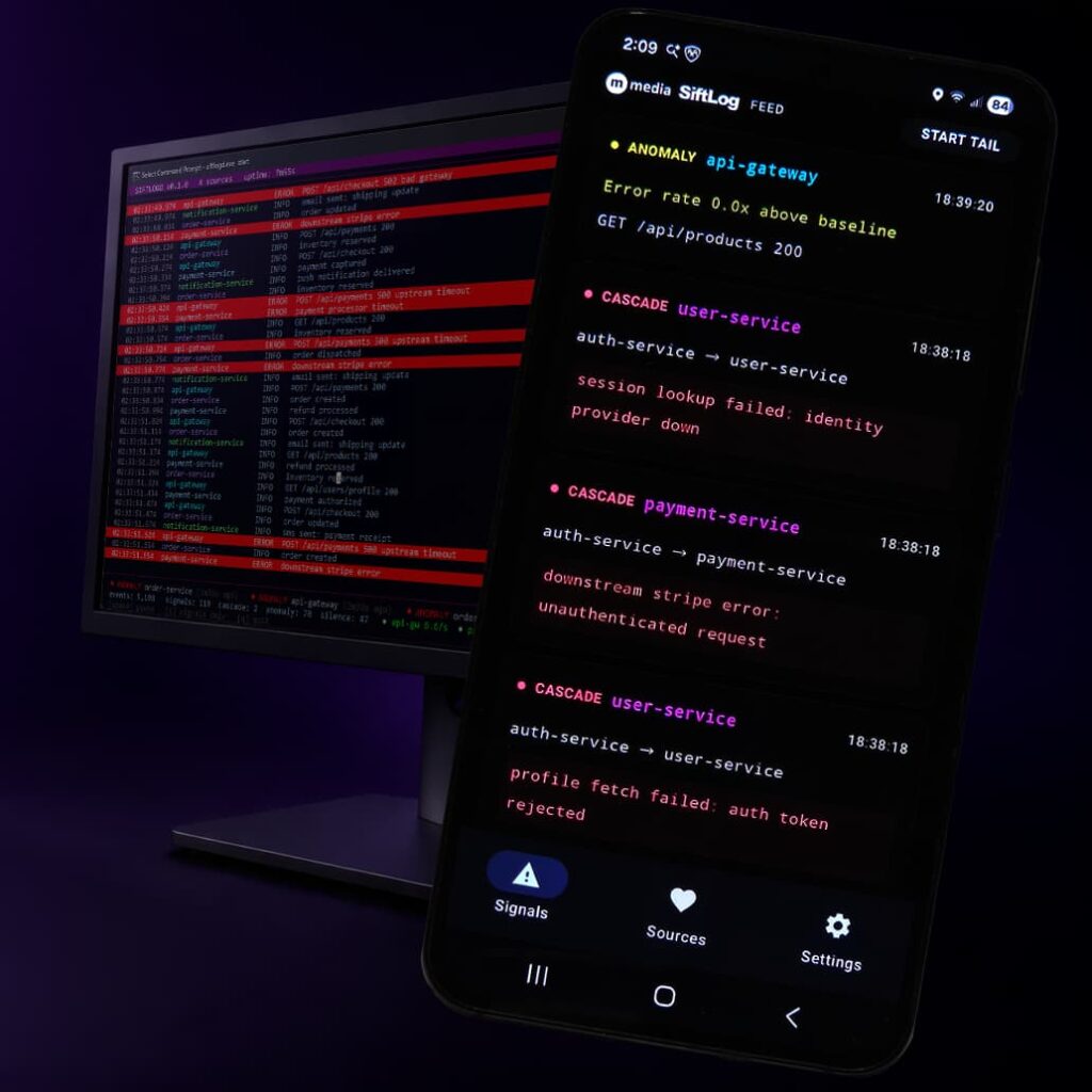 SiftLog desktop monitor and Android app displaying real-time log correlation and cascading failure detection across services