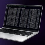 Agent Action Ledger interface displayed on a silver laptop, showing a terminal-based action ledger with verified entries, capability events, and execution status against a dark purple background.