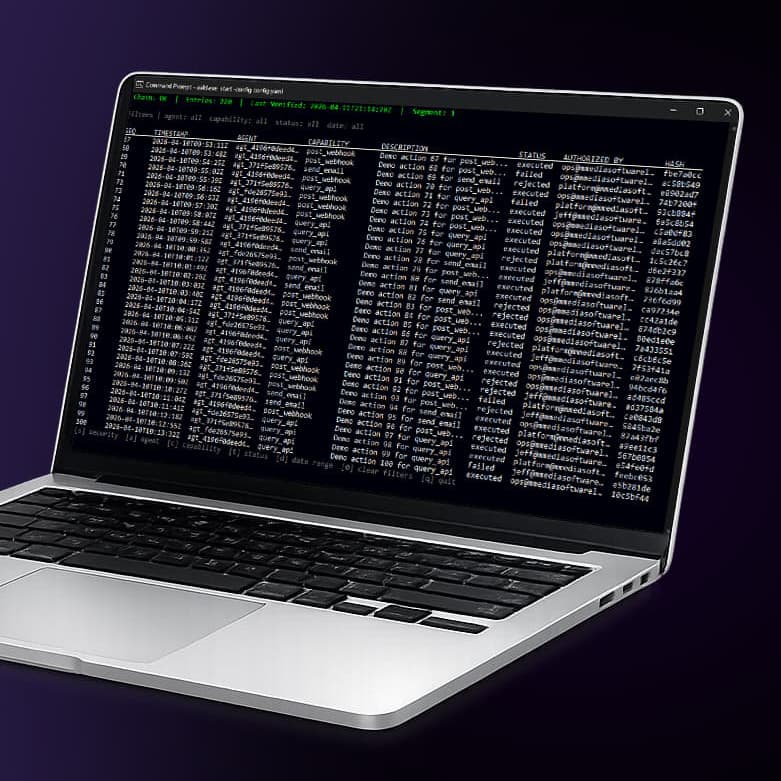 Agent Action Ledger interface displayed on a silver laptop, showing a terminal-based action ledger with verified entries, capability events, and execution status against a dark purple background.