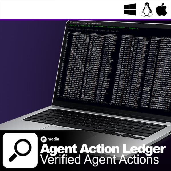 Agent Action Ledger promotional graphic showing a silver laptop with a terminal-based action ledger interface, platform icons for Windows, Linux, and Apple, and the tagline Verified Agent Actions.