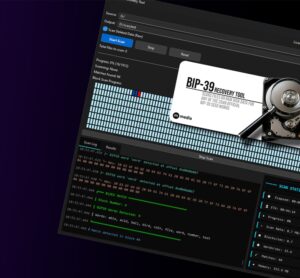 BIP-39 recovery tool scanning disk sectors for cryptocurrency seed phrase data with hex and block analysis interface