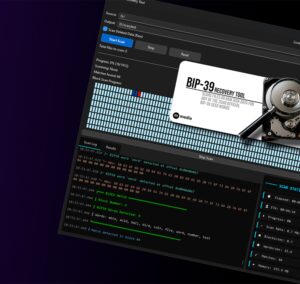 BIP-39 recovery tool scanning disk sectors for cryptocurrency seed phrase data with hex and block analysis interface