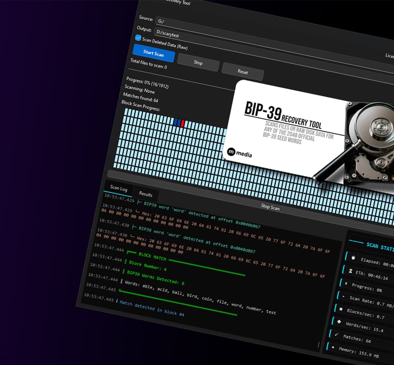 BIP-39 recovery tool scanning disk sectors for cryptocurrency seed phrase data with hex and block analysis interface