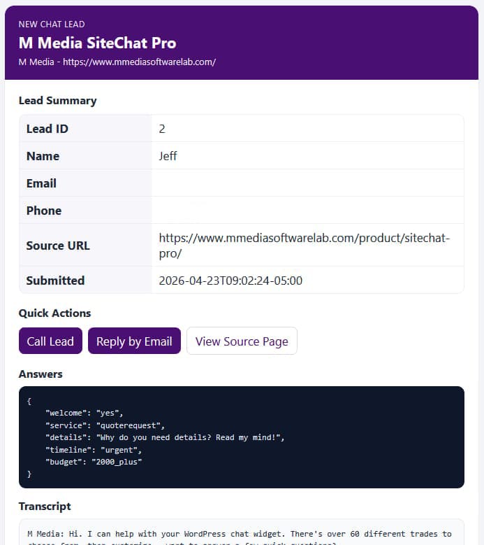 M Media SiteChat Pro WordPress chat widget interface