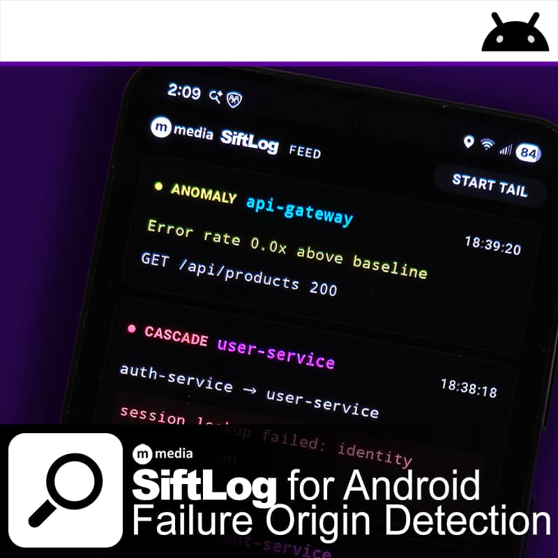 SiftLog for Android promotional graphic showing the mobile app interface detecting anomalies and cascade failures in distributed systems.