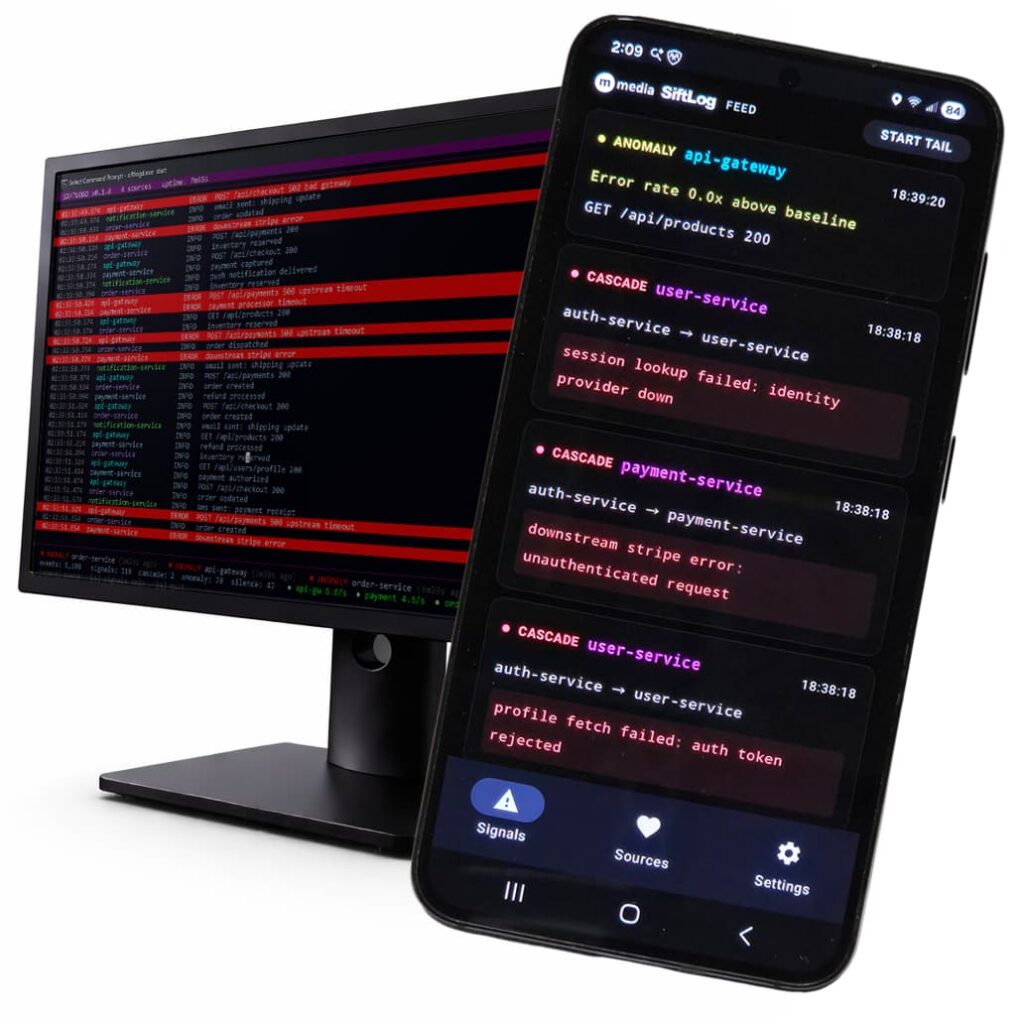 SiftLog monitoring system showing cascading microservice failures on mobile and desktop screens in a light infrastructure environment