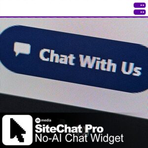 Close-up interface image showing the M Media SiteChat Pro widget with a blue “Chat With Us” button and product branding for a no-AI WordPress chat widget.