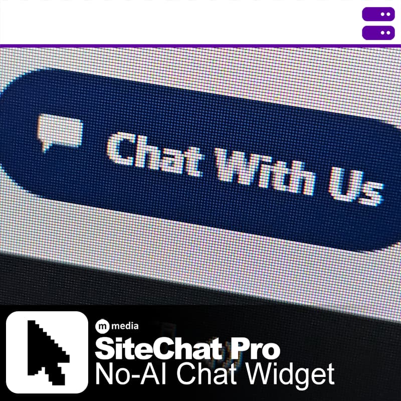 Close-up interface image showing the M Media SiteChat Pro widget with a blue “Chat With Us” button and product branding for a no-AI WordPress chat widget.