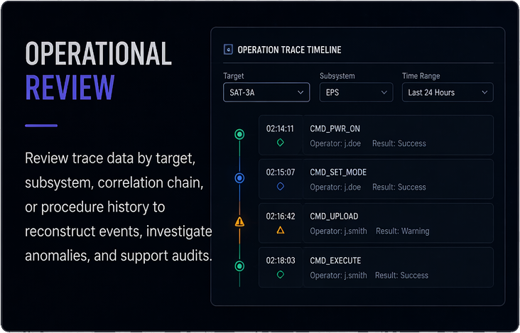 Operational review panel for Satellite Operations Trace System showing trace timeline by target and subsystem