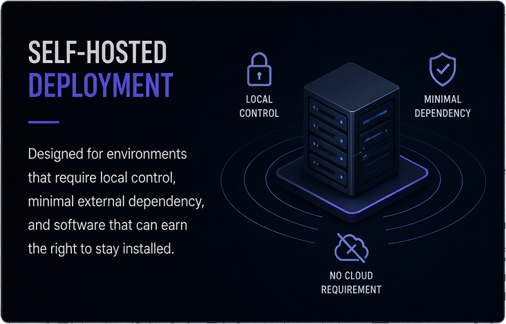 Self-hosted deployment panel for Satellite Operations Trace System showing local control and minimal dependency