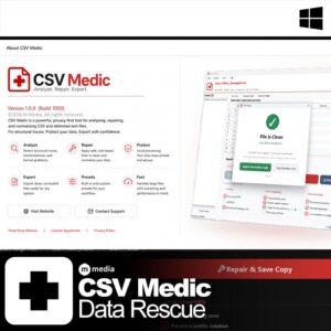 CSV Medic Windows desktop CSV repair software showing the app interface, clean file confirmation, and data rescue product graphic.