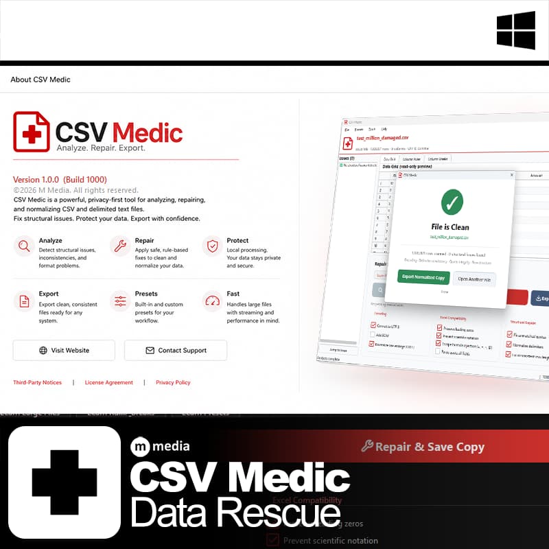 CSV Medic Windows desktop CSV repair software showing the app interface, clean file confirmation, and data rescue product graphic.